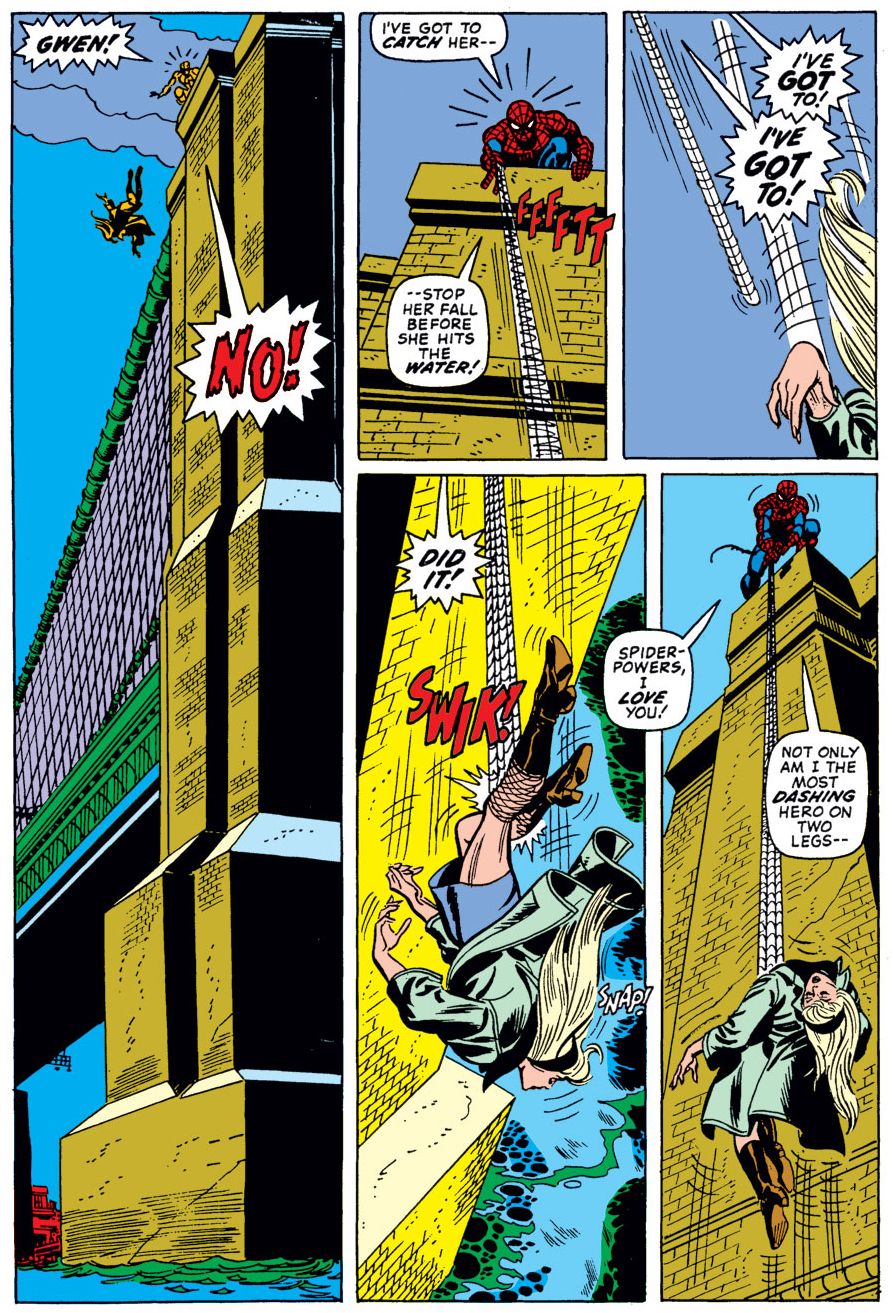 panel komik spiderman mencoba menyelamatkan gwen stacy dari kejatuhan tapi akhirnya membunuhnya