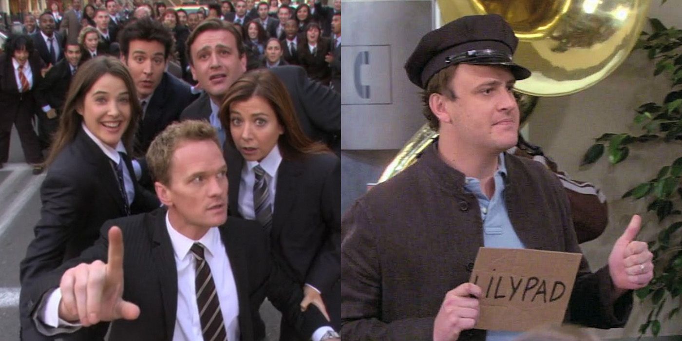 split image of HIMYM musical number and Marshall holding a sign for Lily