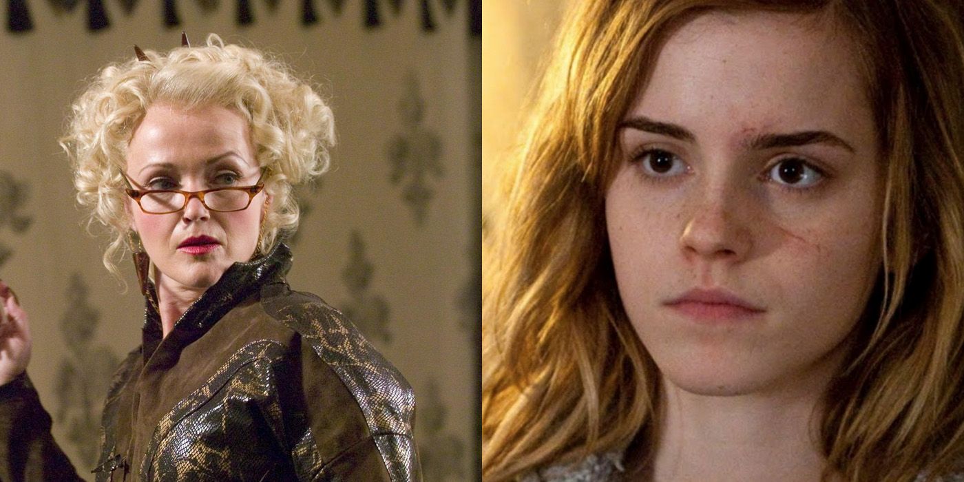 split image of Rita Skeeter and angry Hermione