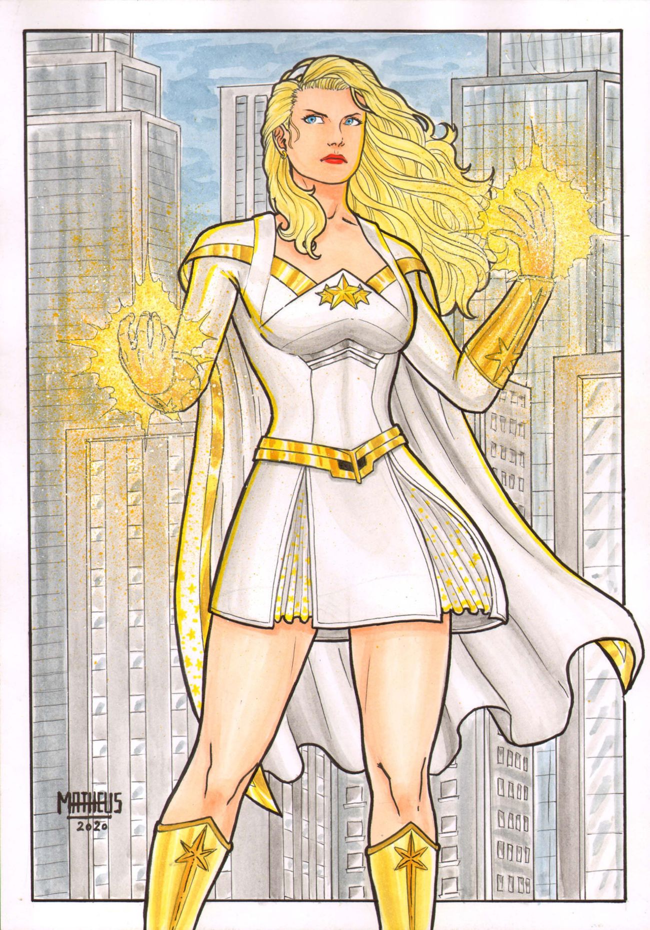 Starlight wearing her classic outfit striking a superhero pose in front of a skyline in fan art from The Boys by Matheus Gomes