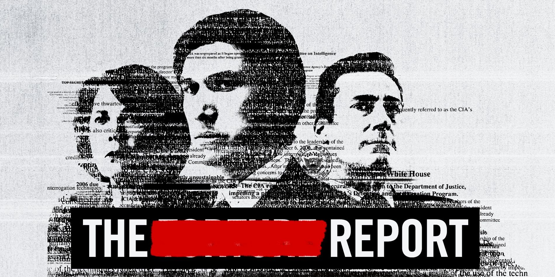 stylized poster for The Report featuring lead actors Adam Driver, Annette Bening, and Jon Hamm