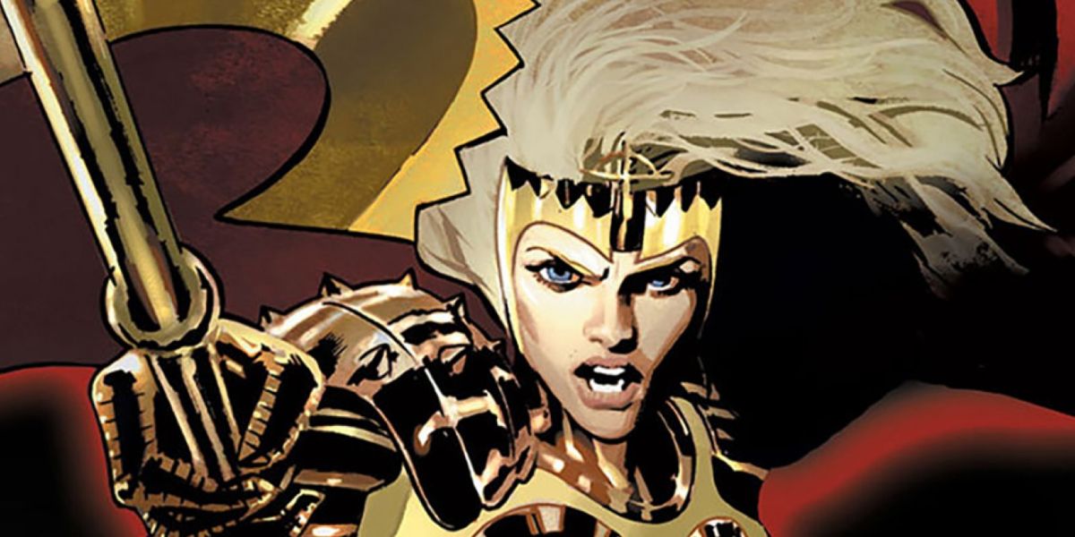 Thena from the Eternals charging with a spear and shield