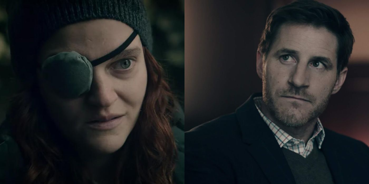 Split image of Janine and Mark from The Handmaid's Tale