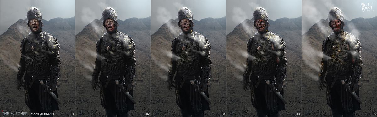 Concept art of the effects of phosphorous on a soldier by Pixoloid Studios for The Witcher series on Netflix