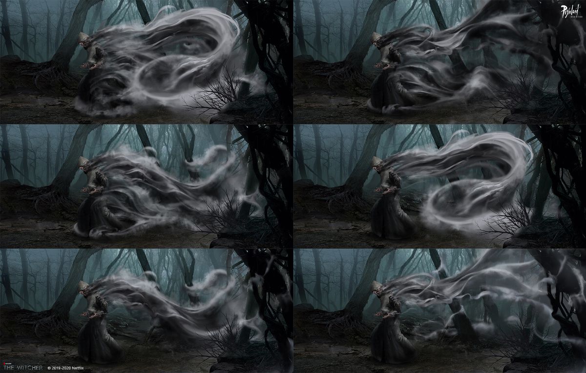 Concept art for visual effects involving a mage disappearing by Pixoloid Studios for The Witcher series on Netflix