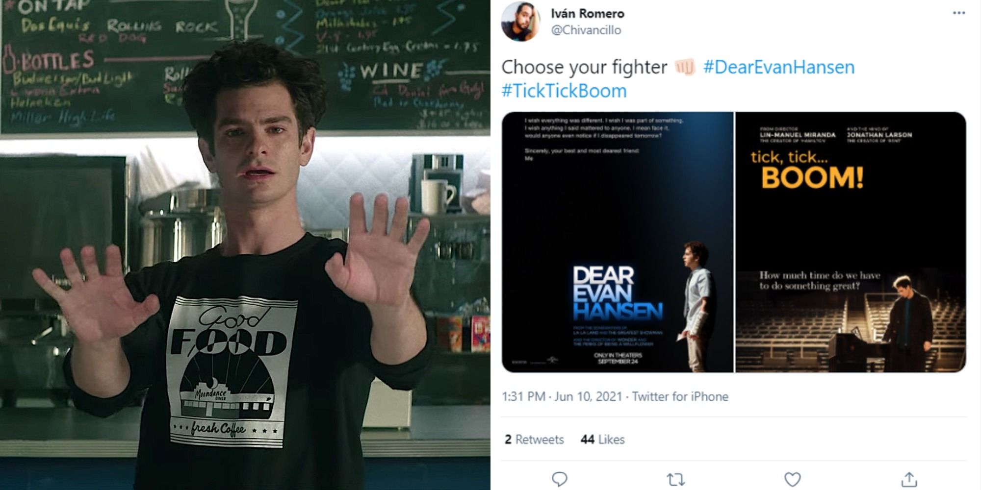 Split image depicting Andrew Garfield in tick, tick... Boom!, and a tweet about the movie