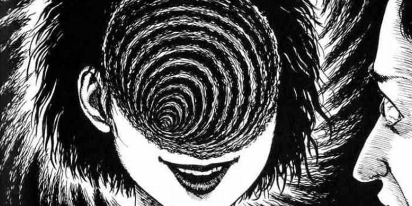 A man looks at a woman with a spiral face from Uzumaki 
