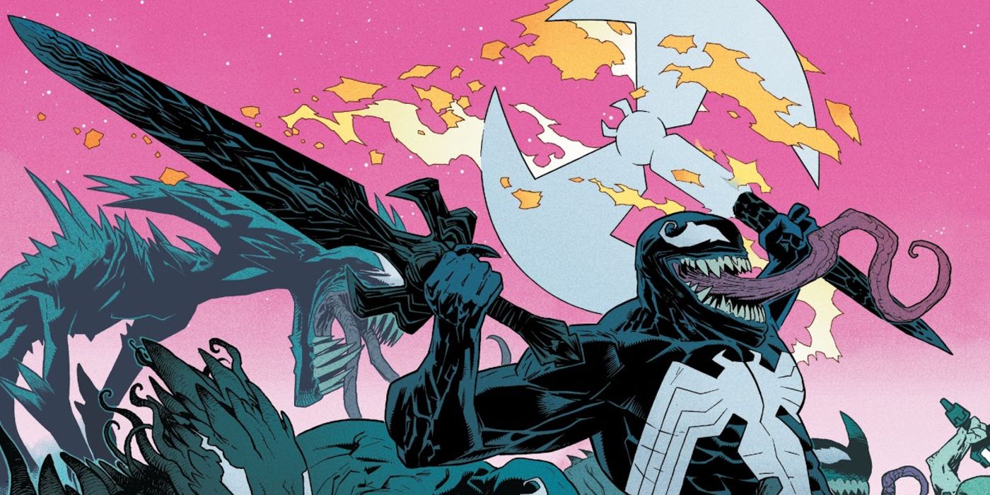 Venom wields an axe and sword alongside other Symbiotes