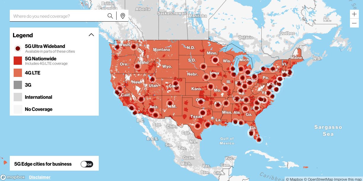 Verizon's 5G coverage map as of June 2021