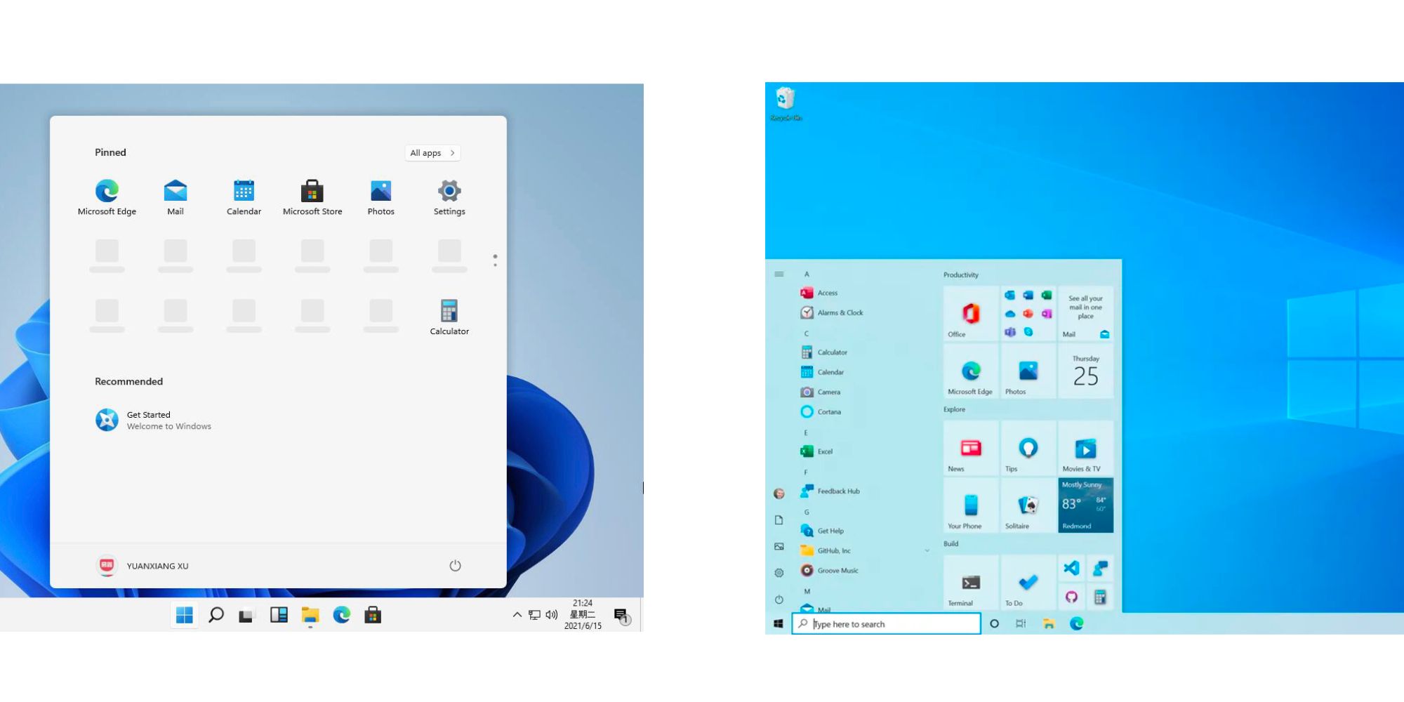 Windows 11 and Windows 10 Start menus compared