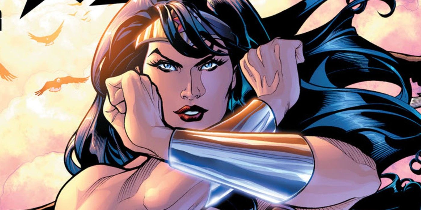 An image of Wonder Woman using her gauntlets to defend herself.