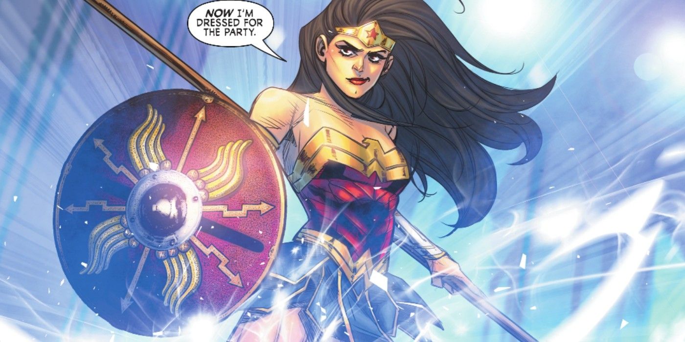 An image of Wonder Woman staring confidently at the camera in full armor, proclaiming &quot;Now I'm dressed for the party.&quot;