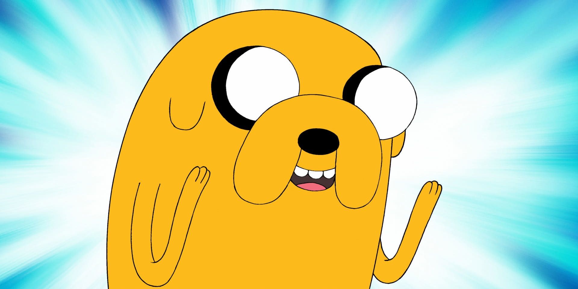 Jake in front of a dazzling background in Adventure Time.
