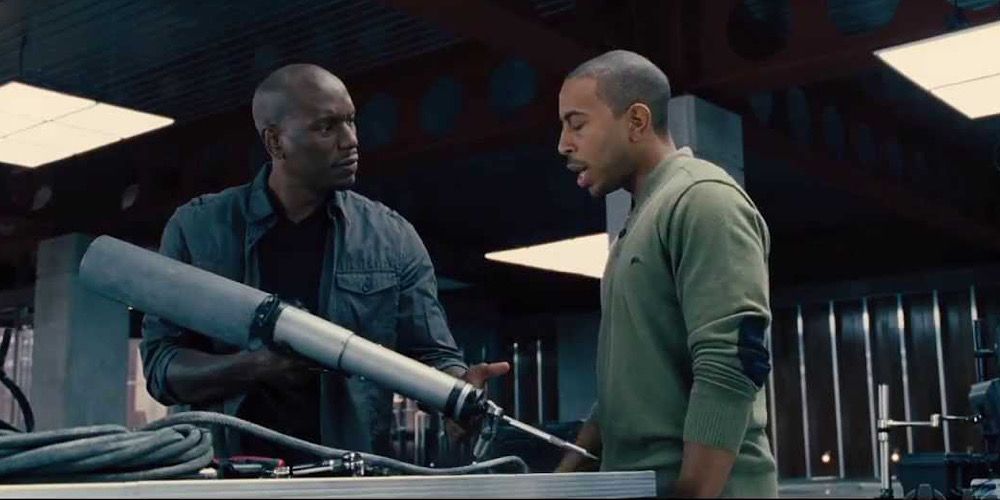 Rome plays with Tej's homemade harpoon in Fast & Furious 6