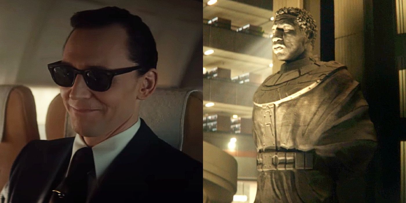 Split image of Loki as DB Cooper sitting and the He Who Remains statue in Loki.