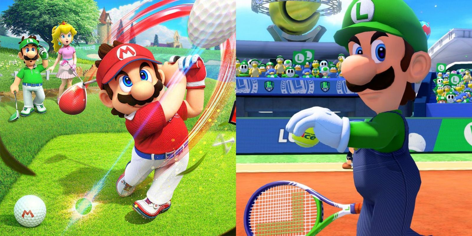 Split image of Mario playing golf and Luigi playing tennis