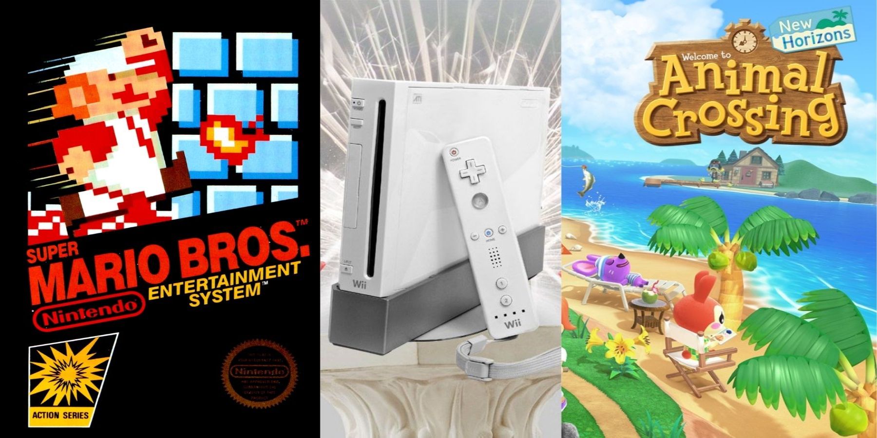 Triple split image of Mario NES game, the Wii, and Animal Crossing: New Horizons video game.