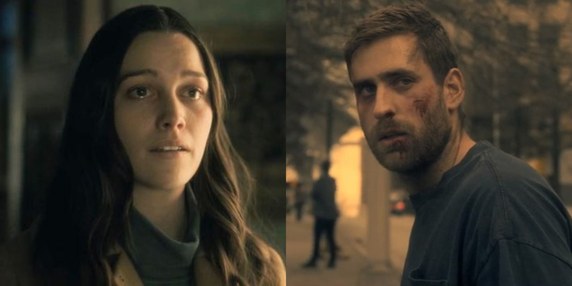Split image of Nell looking sad and Luke badly injured in Haunting Of Hill House.