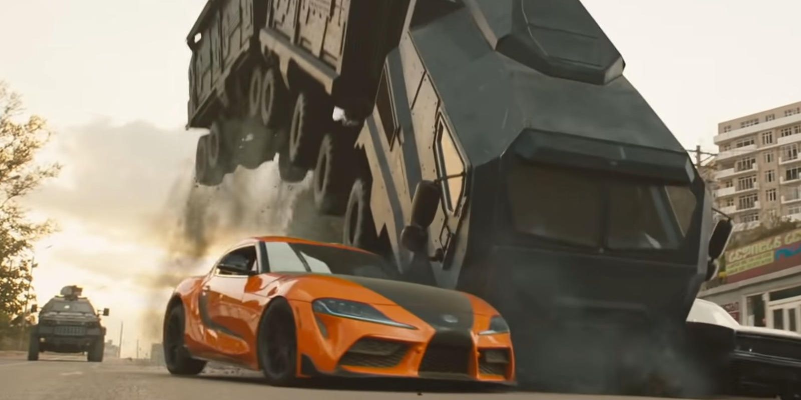 Dom uses the 2020 Toyota Supra to flip over Otto's 16-wheeler in F9
