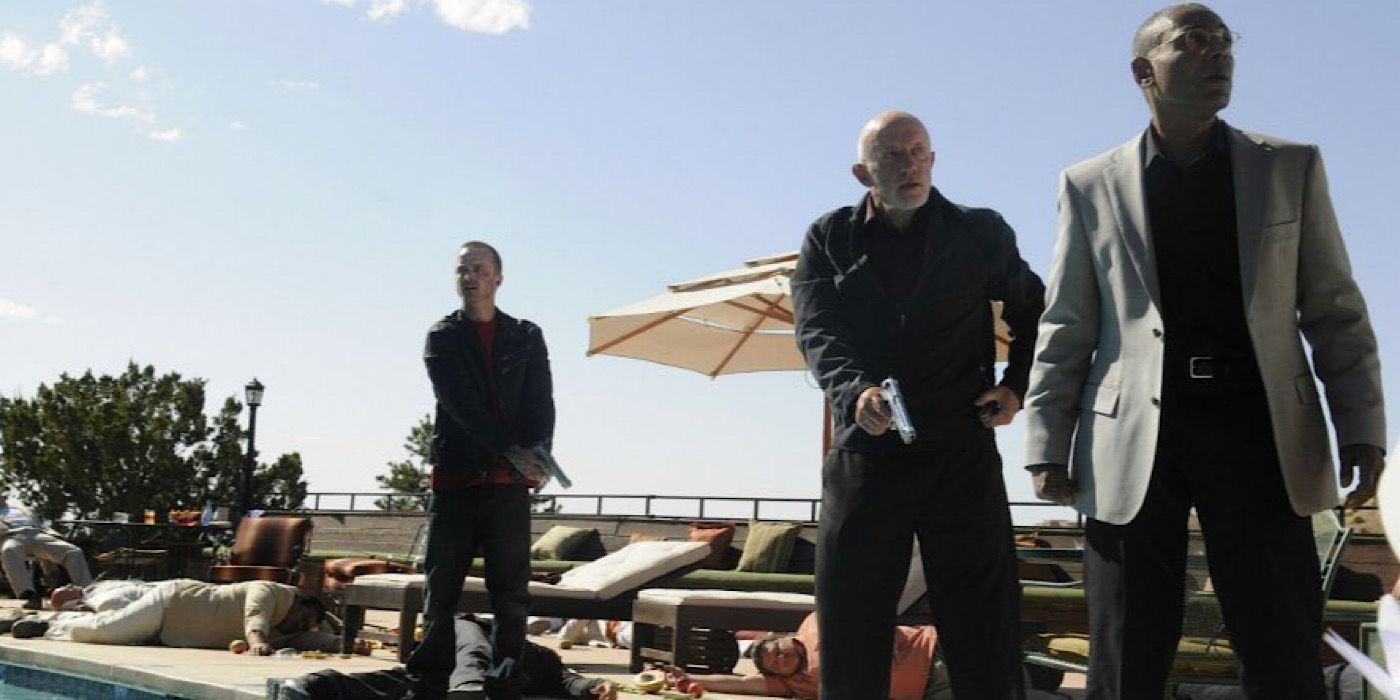 Gus, Mike, and Jesse escape Don Eladio’s mansion in Breaking Bad