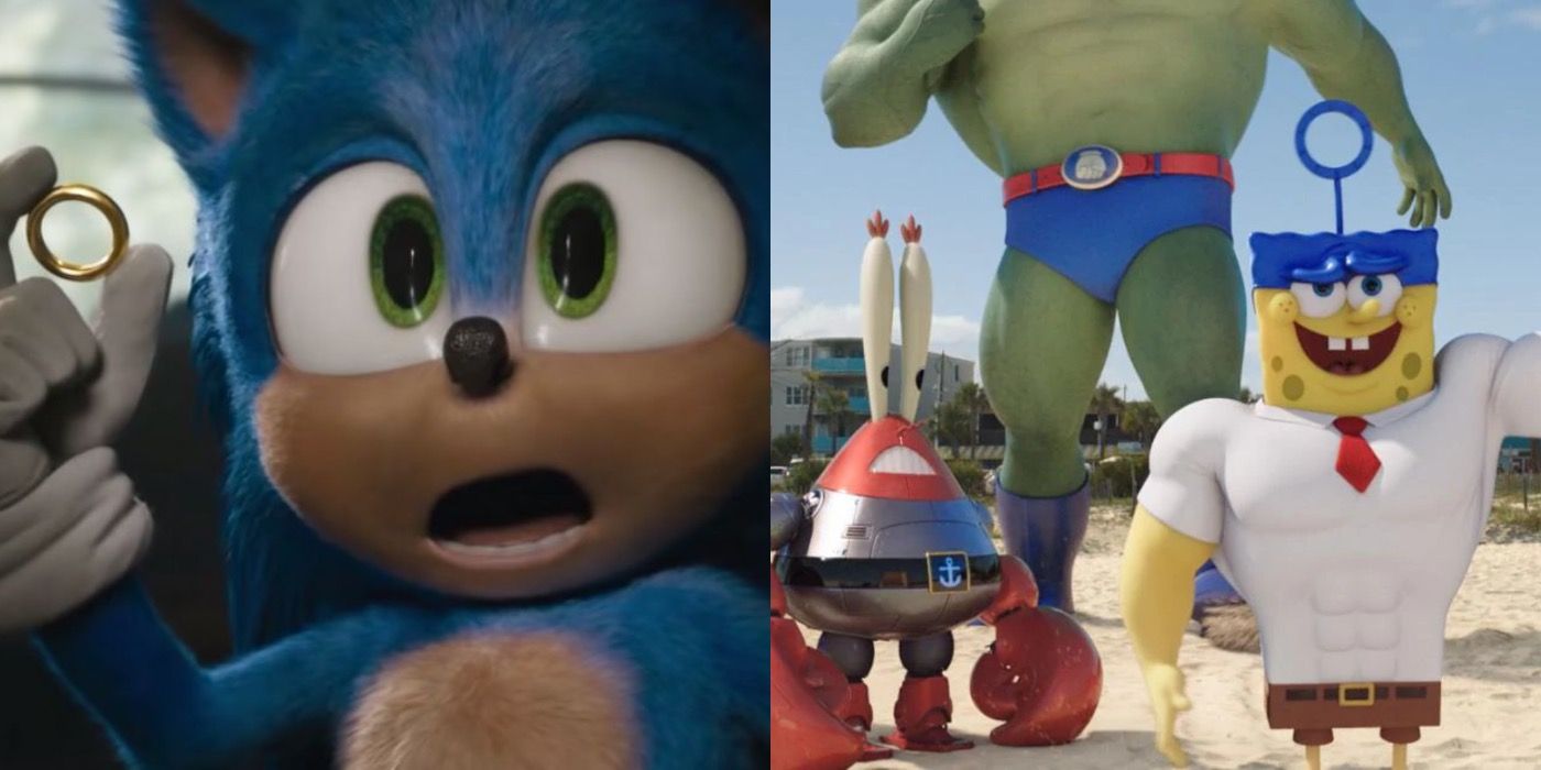 Split image of Sonic in Sonic The Hedgehog and SpongeBob in Sponge out of Water