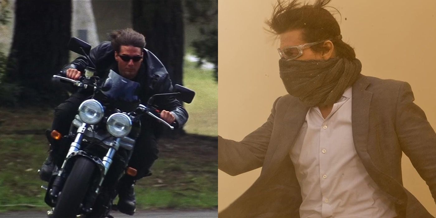 Split image of Ethan Hunt riding a motorcycle in Mission: Impossible 2 and in a sandstorm in Ghost Protocol