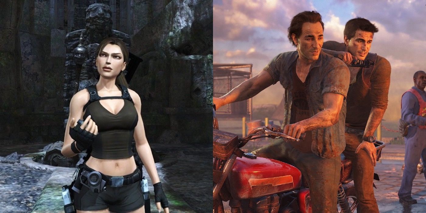Split image of Lara in Tomb Raider Underworld and Nate and Sam in Uncharted: A Thief’s End