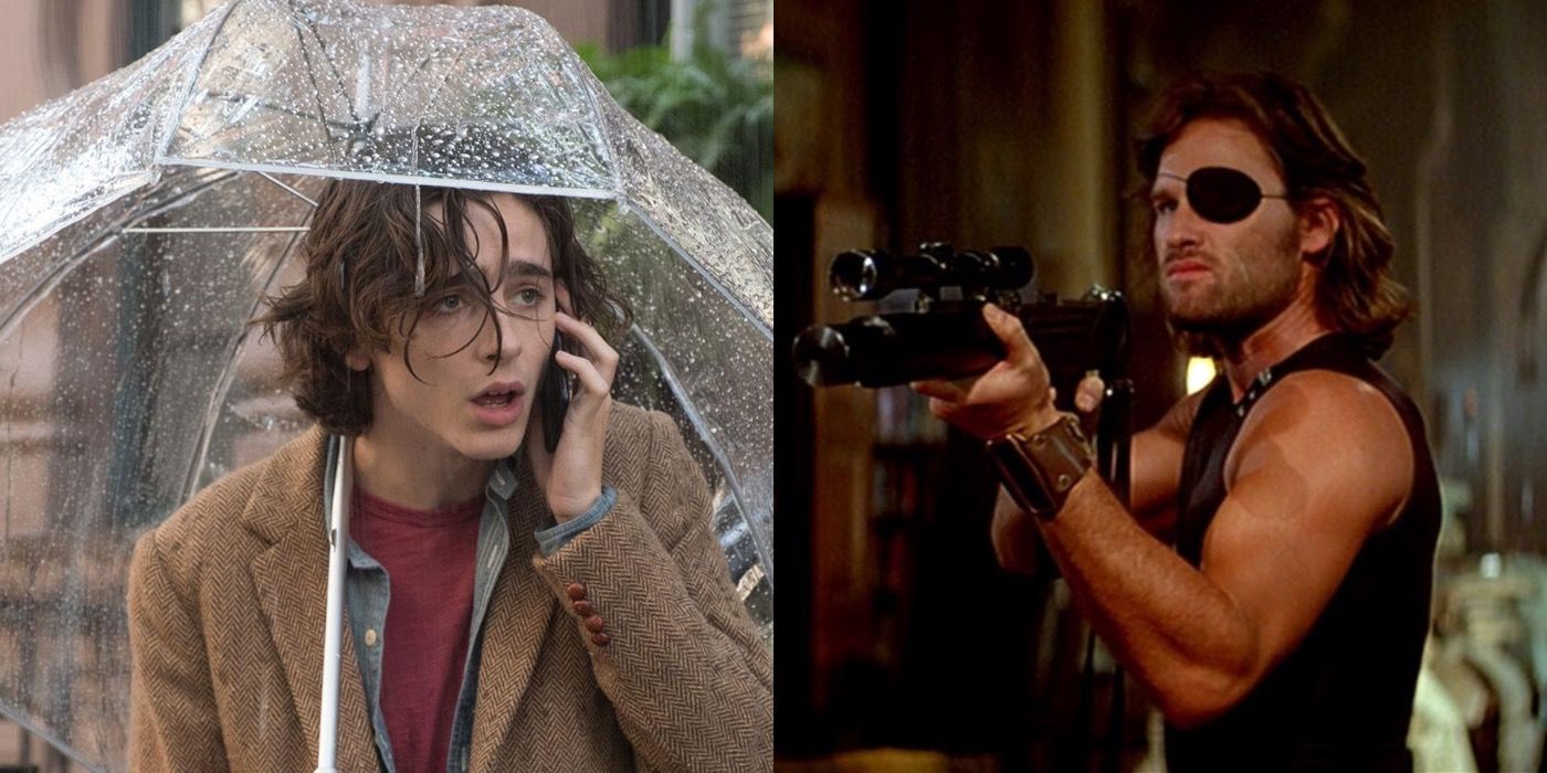 Split image of Gatsby in A Rainy Day In New York and Snake in Escape From New York