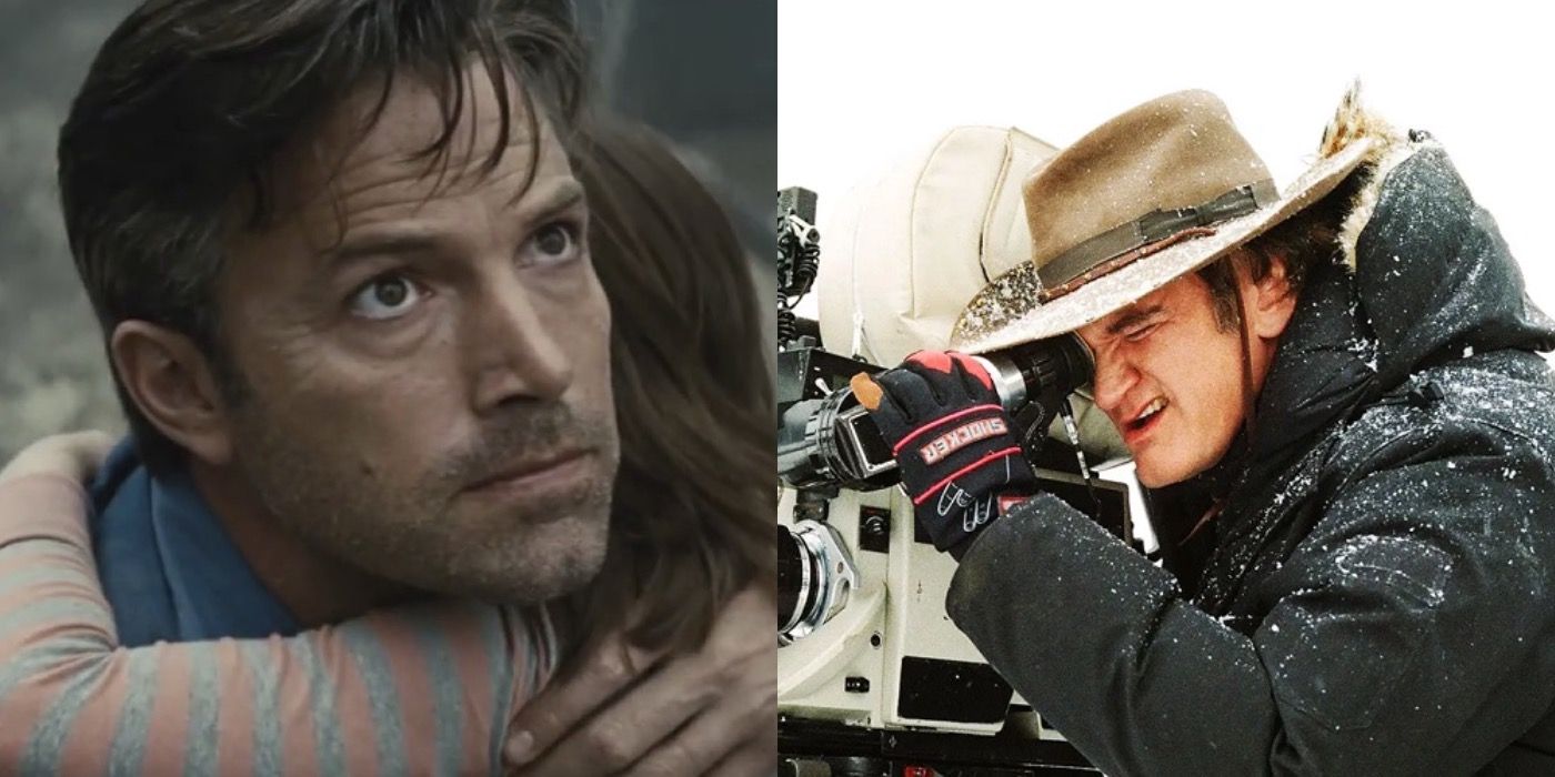 Split image of Ben Affleck as Bruce Wayne in Batman v Superman and Quentin Tarantino directing The Hateful Eight