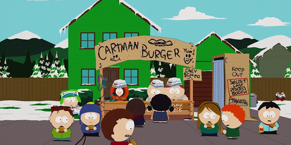 Cartman runs a burger stand on the street in South Park