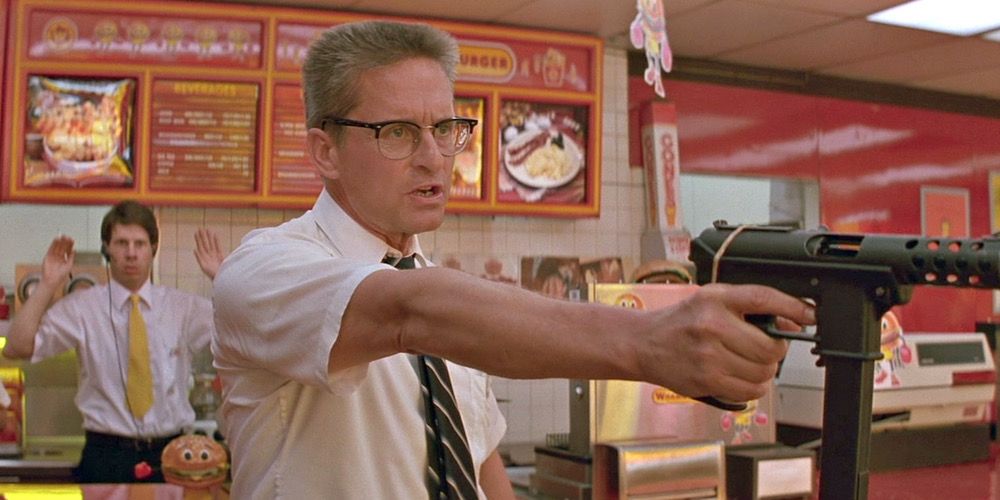 D-Fens holds up Whammy Burger with a machine gun in Falling Down