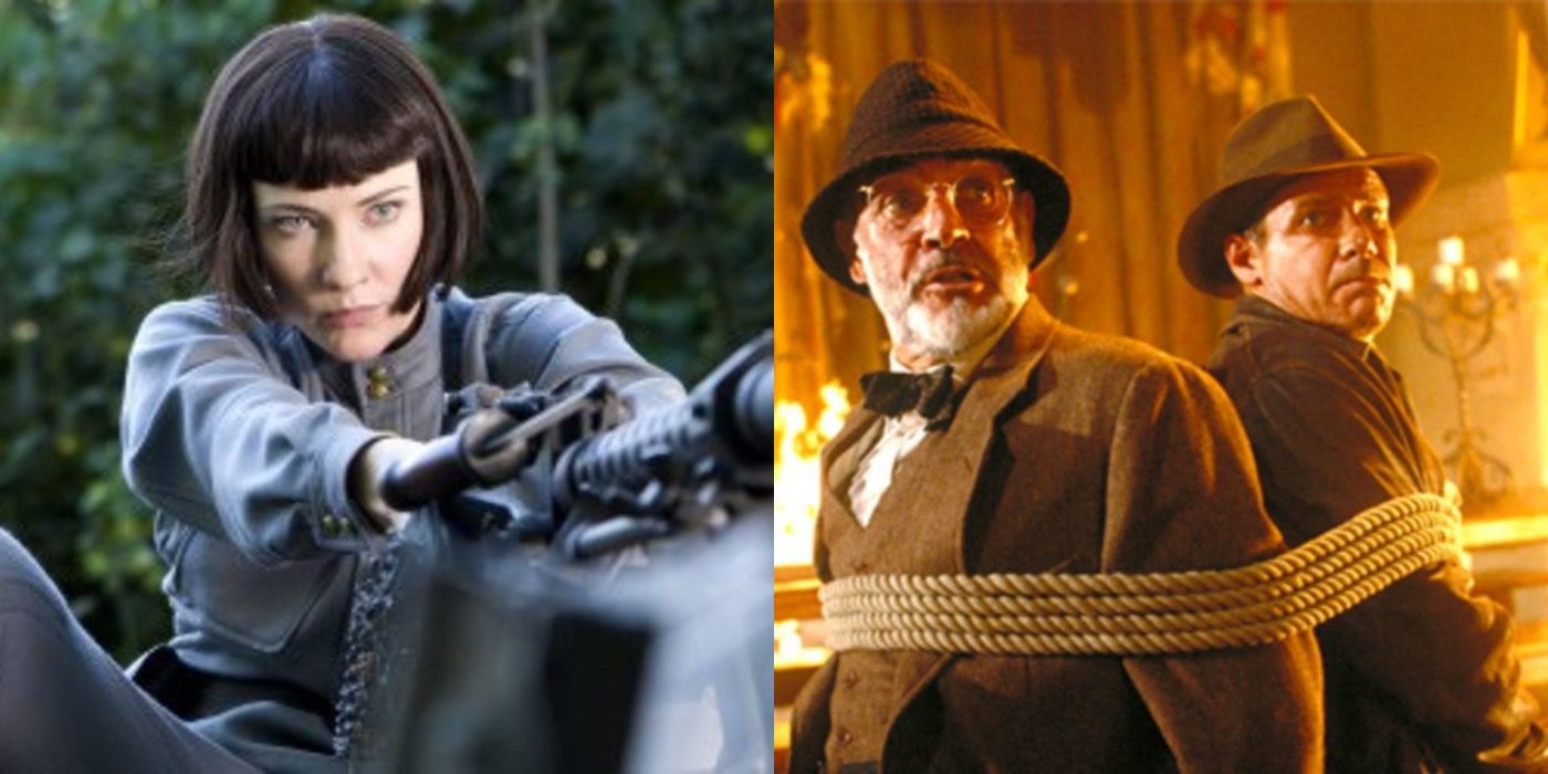 Split image of Irina in Kingdom of the Crystal Skull and Henry and Indiana in The Last Crusade
