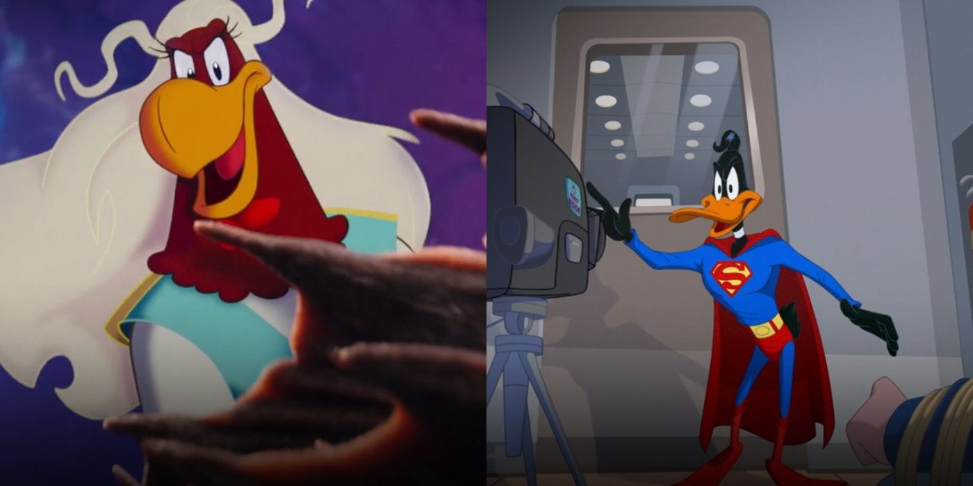 Split image of Foghorn Leghorn and Daffy Duck in Space Jam: A New Legacy