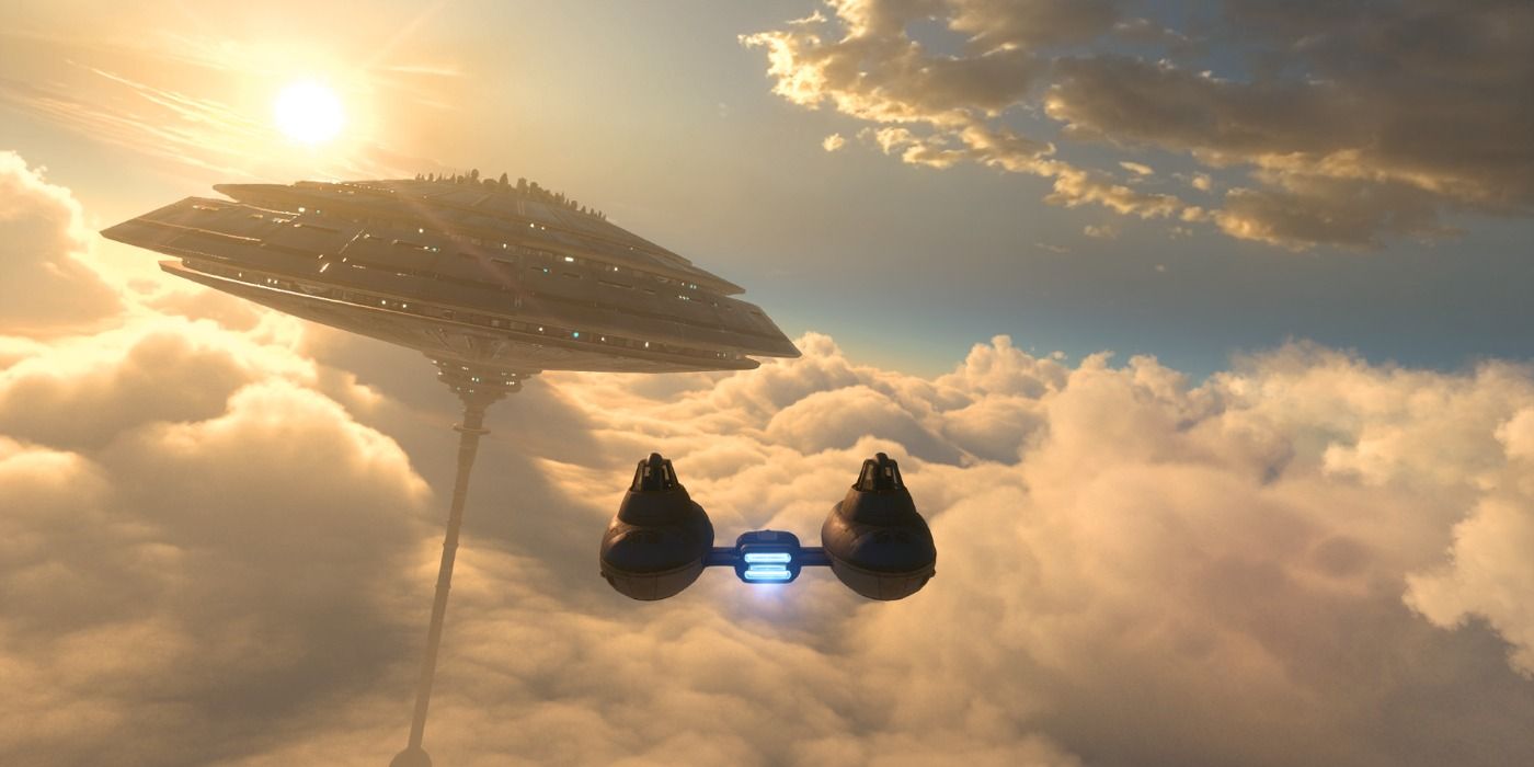 A Twin-Pod Cloud car flies towards Cloud City in the Battlefront Bespin update promo