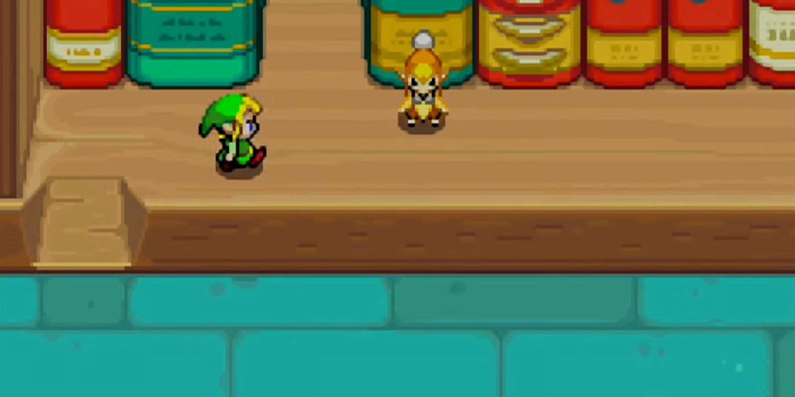 Um link encolhido em uma estante em The Legend Of Zelda: The Minish Cap