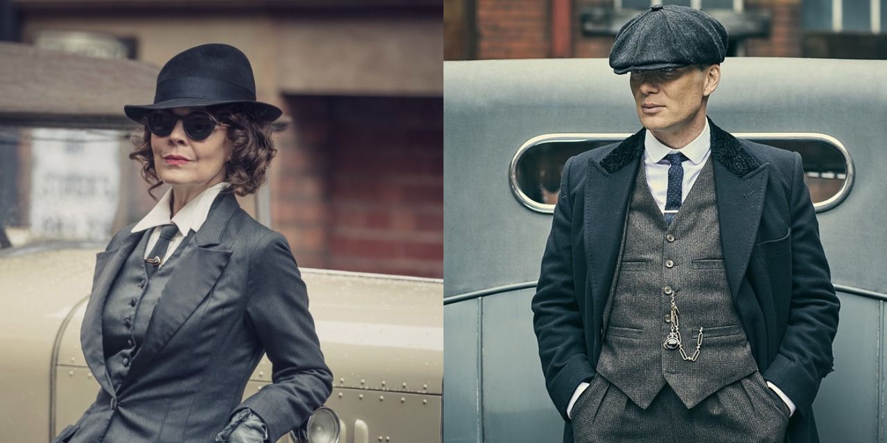 A split image of Aunt Polly and Tommy Shelby in Peaky Blinders