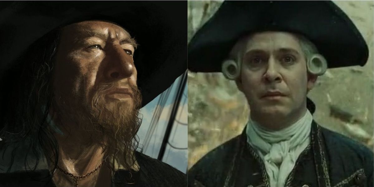 A split image of Barbossa and Beckett in Pirates Of The Caribbean