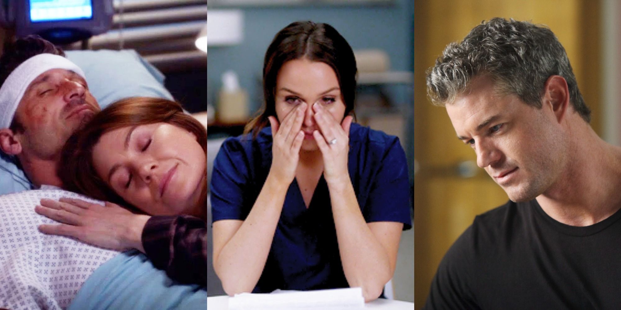 A split image of Derek and Meredith hugging, Jo crying and Mark looking serious in Grey&rsquo;s Anatomy