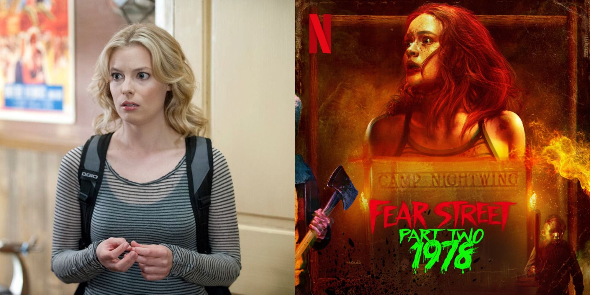 A split image of Gillian Jacobs in Community and the Fear Street part 2 poster