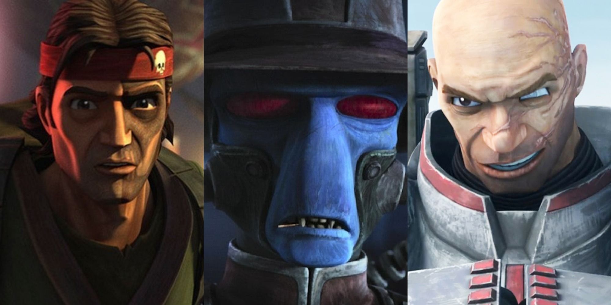 A split image of Hunter, Cad Bane and Wrecker from The Bad Batch