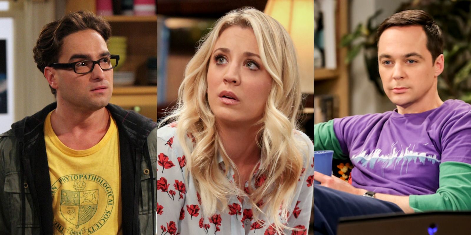 A split image of Leonard, Penny, and Sheldon in The Big Bang Theory