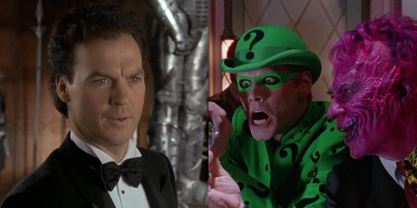 A split image of Michael Keaton as Batman and Jim Carrey and Tommy Lee as The Riddler and Two Face in Batman