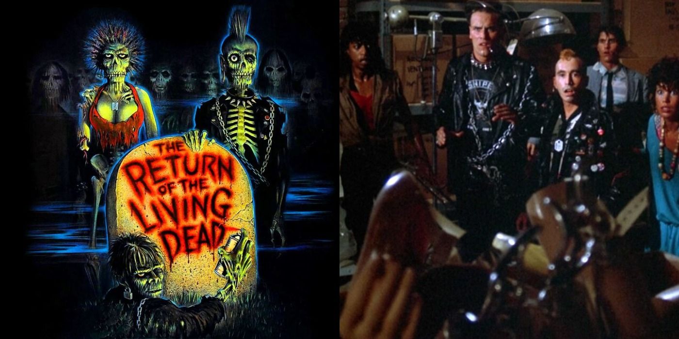 A split image of The Return Of The Living Dead Poster and the characters defending themselves