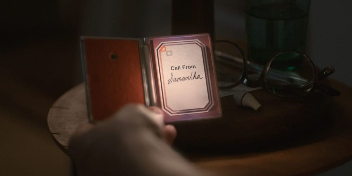 A still from Her featuring a mobile phone receiving a call from Samantha