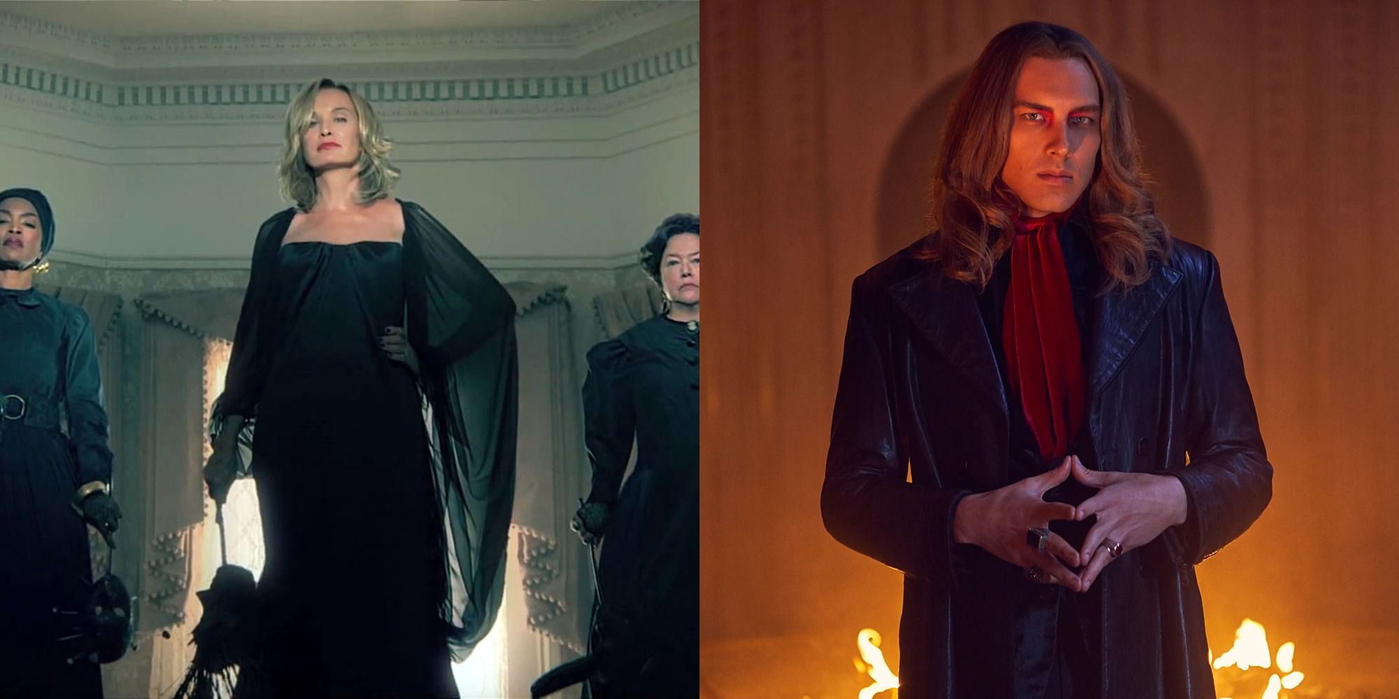 Split image showing Marie Laveau, Fiona Goode, and Madame Lalaurie in American Horror Story: Coven, and Michael Langdon in AHS: Apocalypse