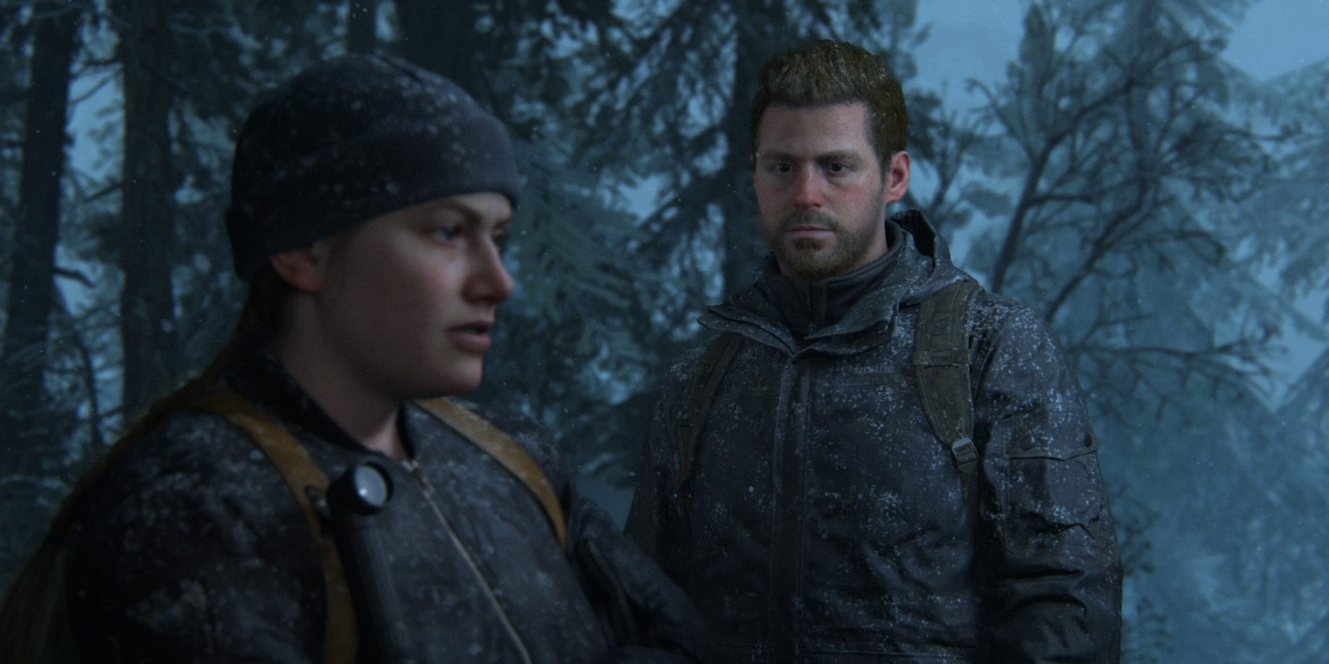 Abby and her boyfriend talk in the snow in The Last of Us 2 