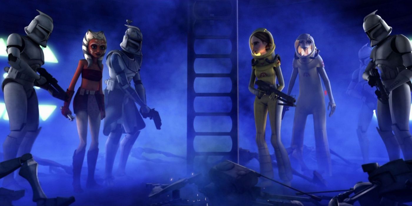 Ahsoka, Padmé, and clones are stuck in a Naboo medical facility and are infected by the Blue Shadow Virus in The Clone Wars