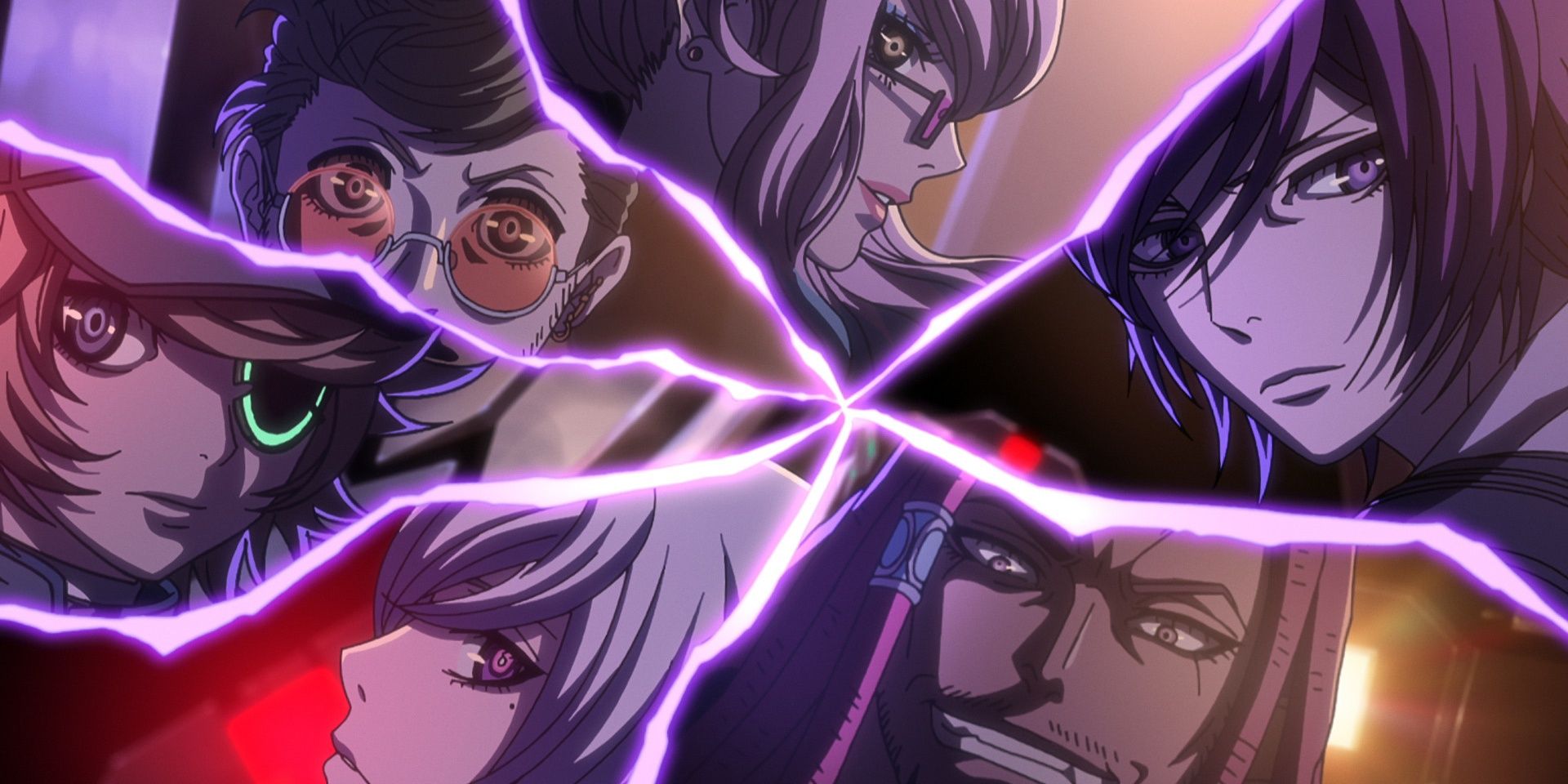 Main Characters from Akudama Drive faces split through a purple light