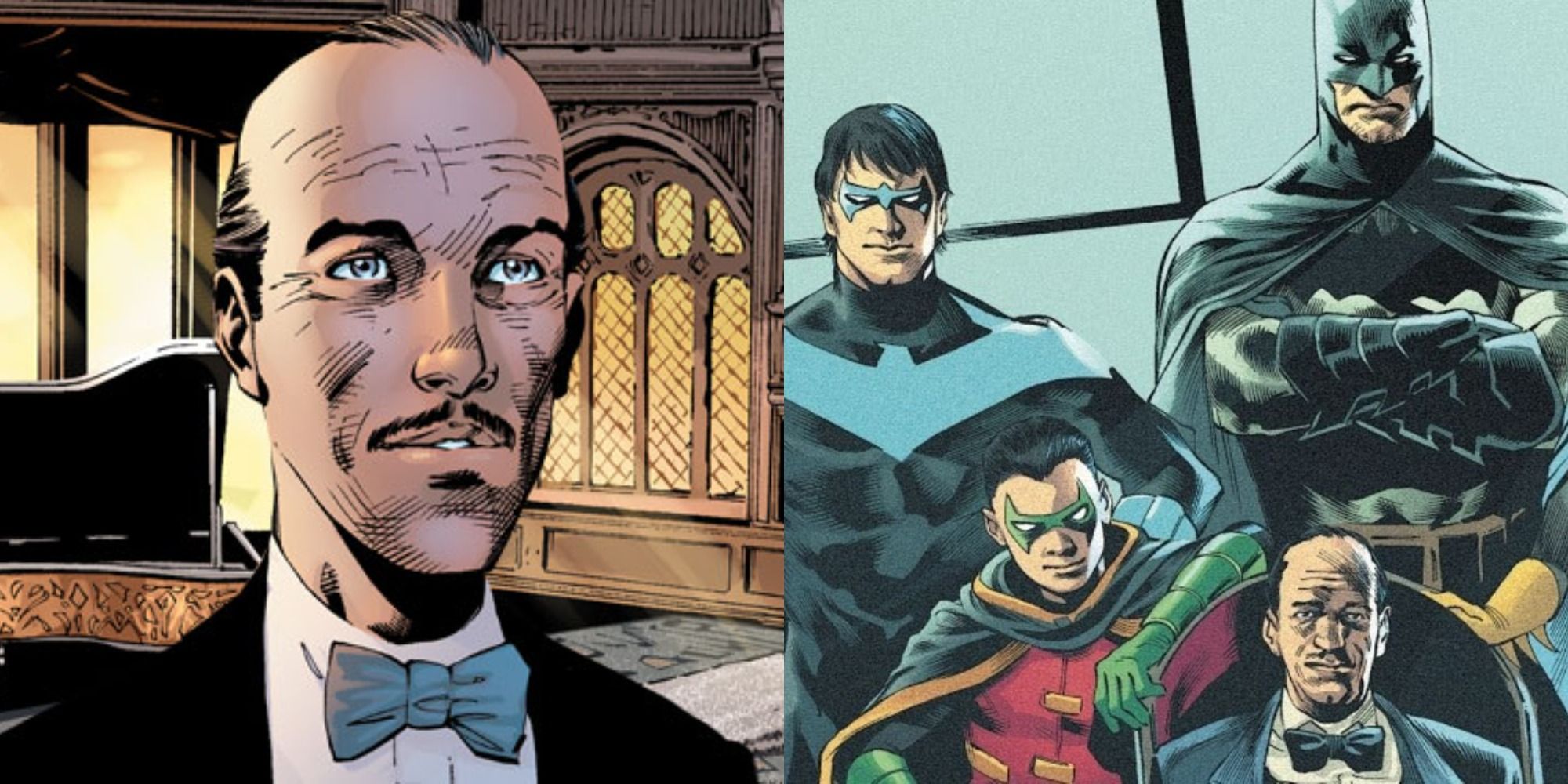 Split image of Alfred Pennyworth from the Batman comics.