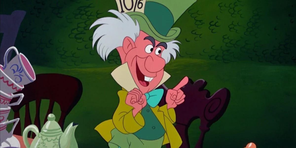 The Mad Hatter smiling in Alice in Wonderland.
